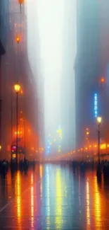 Foggy city street with glowing orange and blue lights reflecting on wet pavement.