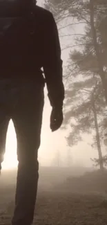 Silhouette walking through foggy forest path with tall trees.