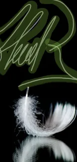 White feather with green graffiti on a dark background.