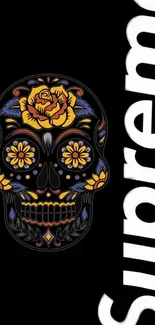 Floral skull with dark background, Supreme text on wallpaper.