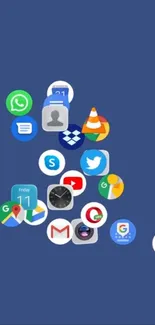 Colorful app icons on a deep blue background.