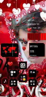 Romantic digital love-themed wallpaper with hearts and red design.