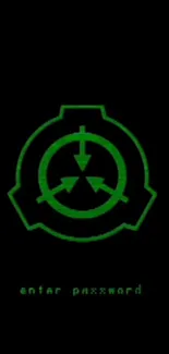 SCP green emblem on black background, enter password text.