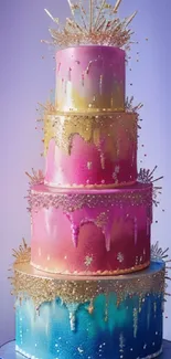 Vibrant multi-tier cake with purple, pink, and blue hues and gold accents.