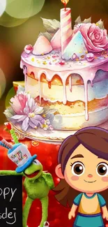 Vibrant birthday cake with cartoon characters on a colorful background.