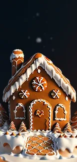 Gingerbread house with intricate white icing on a dark background.