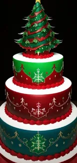 Three-tier cake designed as a Christmas tree on festive wallpaper.