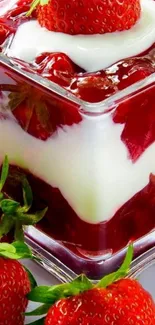 Layered strawberry and yogurt dessert in a glass container.