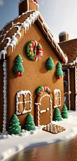 Gingerbread house with snow and decorations in winter.