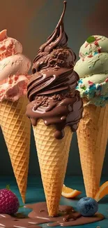 Three artistic cones of ice cream in chocolate, strawberry, and mint with fruits.