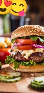 Tasty burger with emojis and fresh ingredients on a wooden board.