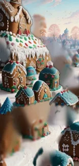 Whimsical gingerbread village with snowy rooftops and pastel skies.