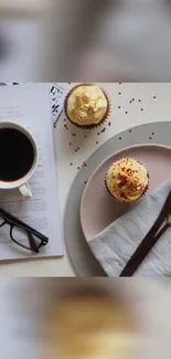 Chic coffee and cupcakes on table wallpaper.