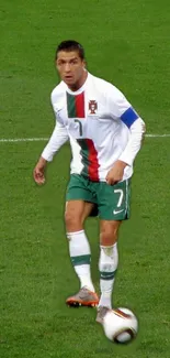 Athlete playing football on green field.