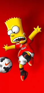 Cartoon character in red jersey kicks a soccer ball on vibrant red background.