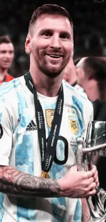 Football champion holding a silver trophy, wearing a blue and white jersey.