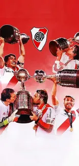 Football champions celebrating with trophies on a vibrant red background.