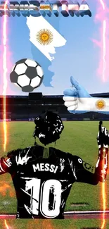 Football stadium with player silhouette and Argentina flag.