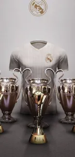 Football jersey with multiple golden trophies on display.