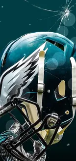 Teal football helmet with cracked glass effect on dark background.