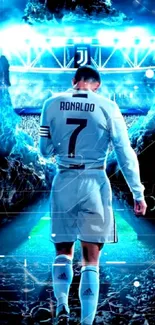 Football player walks into a blue-lit stadium.