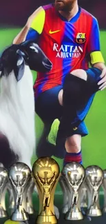 Football legend with goat and trophies in vibrant mobile wallpaper.