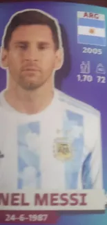 Collector card of famous football player in Argentina jersey with vibrant colors.