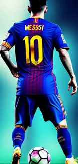 Famous football player in dynamic sports pose on mobile wallpaper.