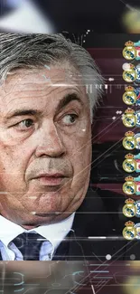 Portrait of a football manager with team logos on dark background.