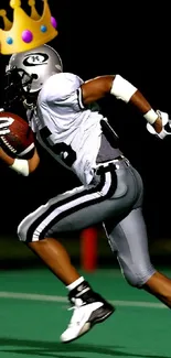 Football player running with a crown on field.