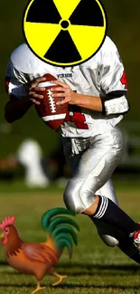 Football player with radiation head and rooster on field wallpaper.