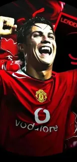 Football star in red jersey celebrating passionately.