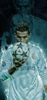 Football star holding a glowing soccer ball with electric blue energy.