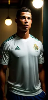 Football player in a lit corridor wearing a team jersey.