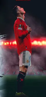 Football star stands in a dramatic stadium setting.