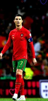 Football player in red Portugal jersey on the field.