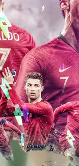 Dynamic wallpaper featuring a famous football star in action with a red jersey.