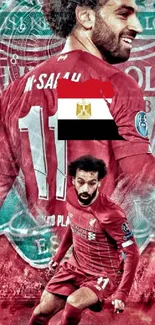 Football star in red jersey with team emblem background.