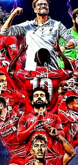 Football team in vibrant red celebrating with autographs overlay.