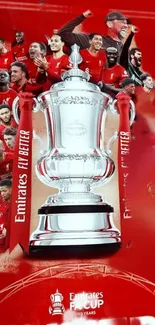 Football trophy with celebrating players on a red background wallpaper.