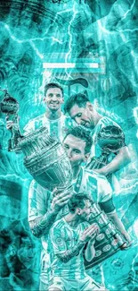 Football player celebrating with trophies in dynamic cyan artwork.