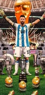 Football player with trophies and world cup background.
