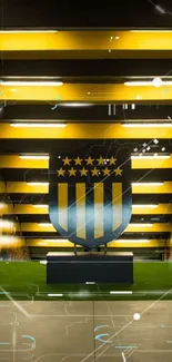 Football emblem in a vibrant yellow tunnel.