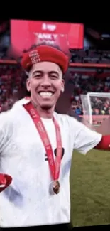 Football player celebrates victory in a dynamic wallpaper, wearing a red hat and smiling.