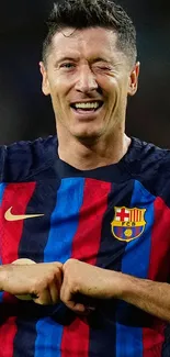 Footballer in Barcelona kit celebrating during a match.