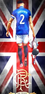 Footballer in blue jersey with Union Jack background.