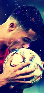 Footballer in red jersey kissing World Cup ball.