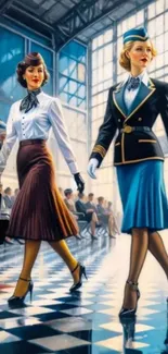 Retro style aviation wallpaper featuring elegant figures in an airport setting.