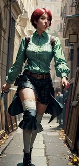 Stylish heroine walking through a narrow urban alley with confidence.