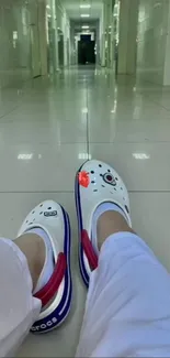 Playful shoes in relaxed corridor setting.